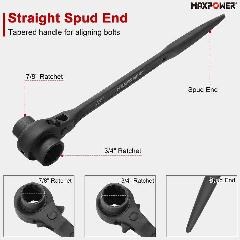 MAXPOWER 2PCS Scaffold Wrench Set, Dual Socket Scaffold 7/8 inch x 3/4 inch, and Metric 17 mm x 19 mm Spud Ratchet Scaffolding Tool - Image 2